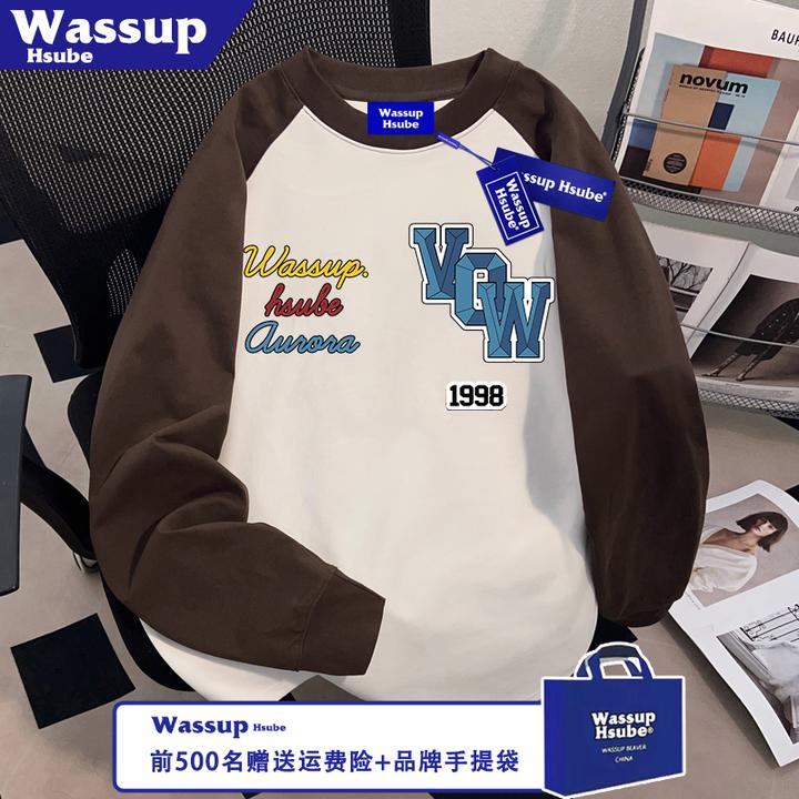 WASSUP HSUBE钻石字母印花100%纯棉T恤秋季插肩上衣ins男女款长袖