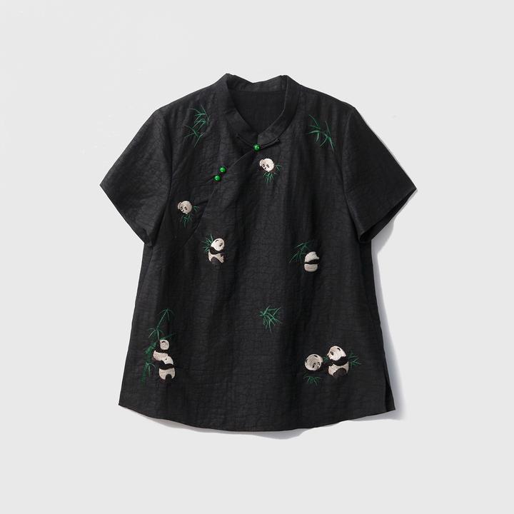 SILVIYE 重工刺绣龟纹真丝香云纱100桑蚕丝国风短袖T恤SY52213