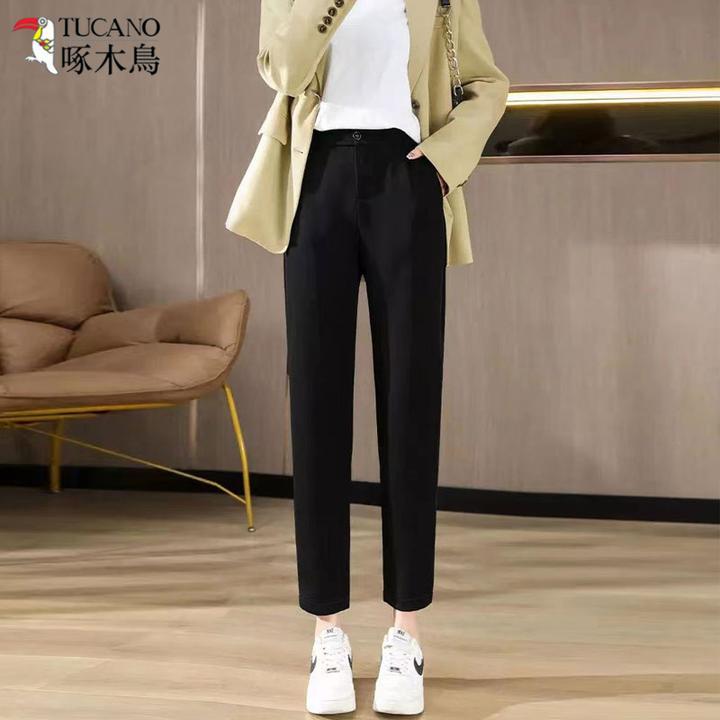 TUCANO/啄木鳥黑色西装裤女哈伦裤通勤工装高腰显瘦九分休闲裤子