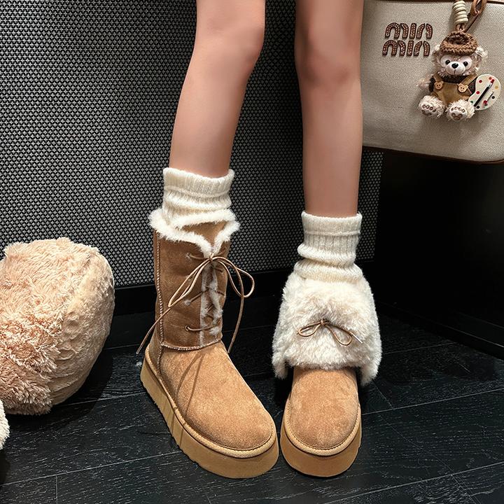 2025冬季新款保暖棉靴皮带扣雪地靴舒适百搭厚底绒面女靴中筒靴