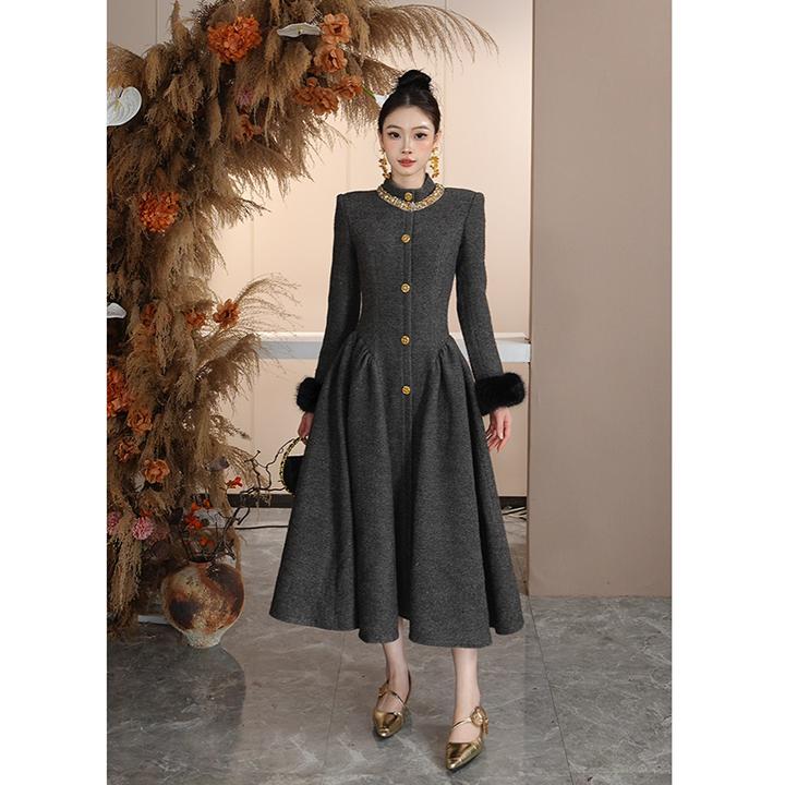 周子仪【冬日繁花】灰色毛呢连衣裙女冬季2025年新款气质时尚裙子潮
