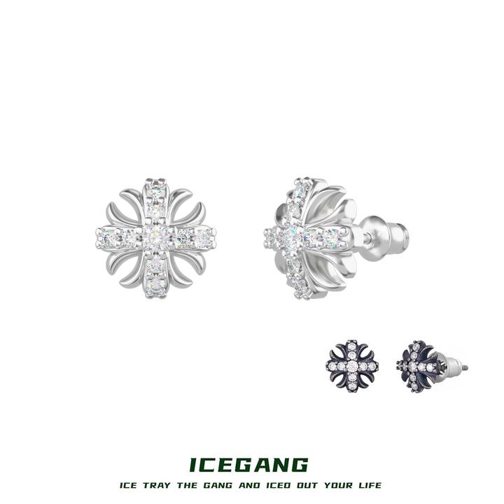 ICEGANG 925银莫桑石耳饰 S925银莫桑鸢尾花十字花耳钉轻奢防敏敏