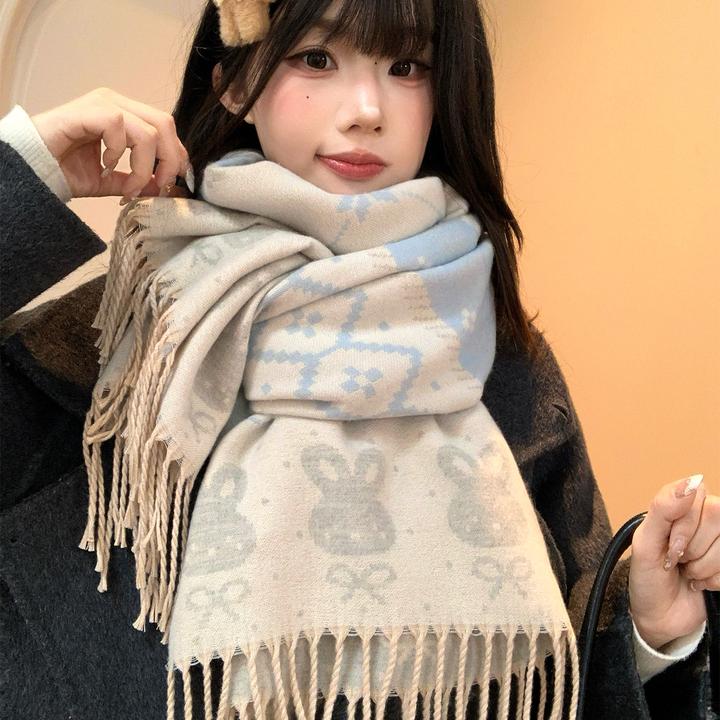 可爱蓝色雪花提花小兔子围巾女秋冬季保暖护颈韩系氛围感围脖披肩