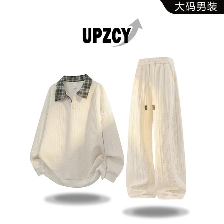 UPZCY春秋大码肌理感提花套装男士宽松休闲卫衣两件套高级感男装