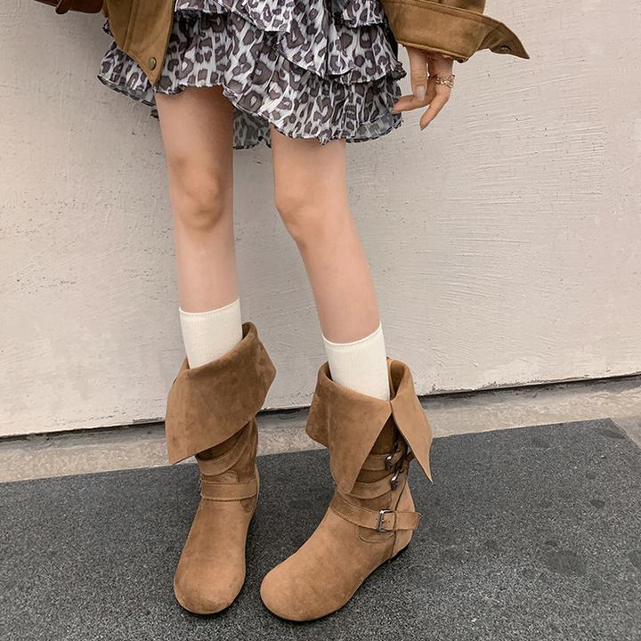 2025秋季百搭两穿皮带扣西部小个子堆堆靴内增娃娃头时尚靴