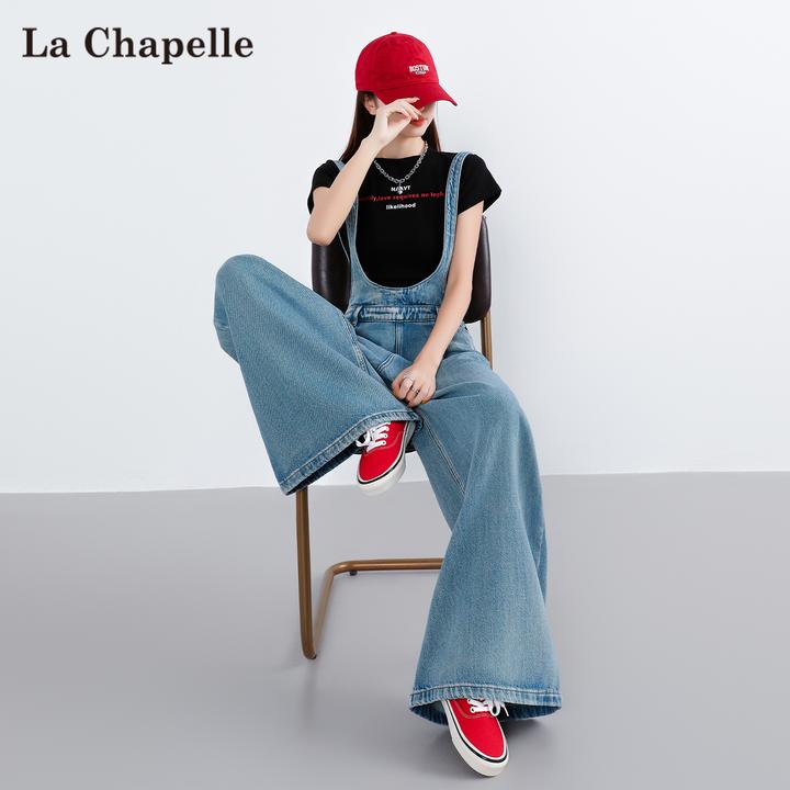 拉夏贝尔阔腿背带牛仔裤女2025秋季新款高腰宽松直筒连体拖地裤子