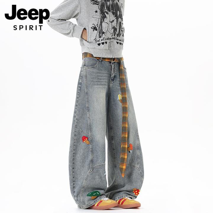 JEEPSPIRIT美式复古趣味刺绣牛仔裤男秋新款宽松直筒阔腿男生穿搭