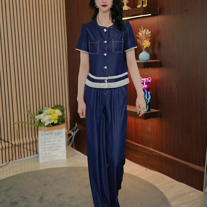 薄款牛仔套装女夏季新款2025时尚洋气小个子蕾丝拼接阔腿裤两件套