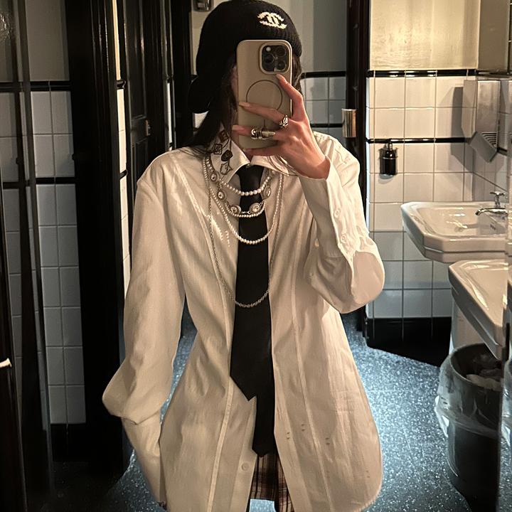 韩好甜WARDEN EDGE 白色翻领衬衫女春新款小个子修身显瘦长袖衬衣