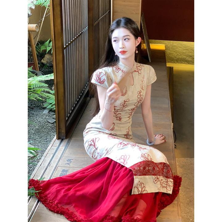 凌茜恣禾【朱颜叠绣】国风新中式绣花镂空拼接连衣裙复古改良旗袍裙