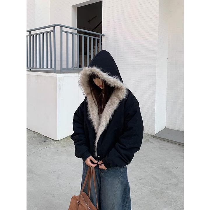 黑色座山雕毛领连帽棉服男女款冬加绒cleanfit美式高级感潮流棉衣