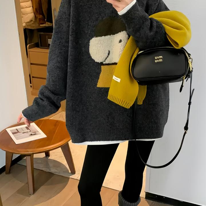 卡通风灰色小狗提花软糯长袖针织毛衣女2025冬季新款韩系宽松上衣