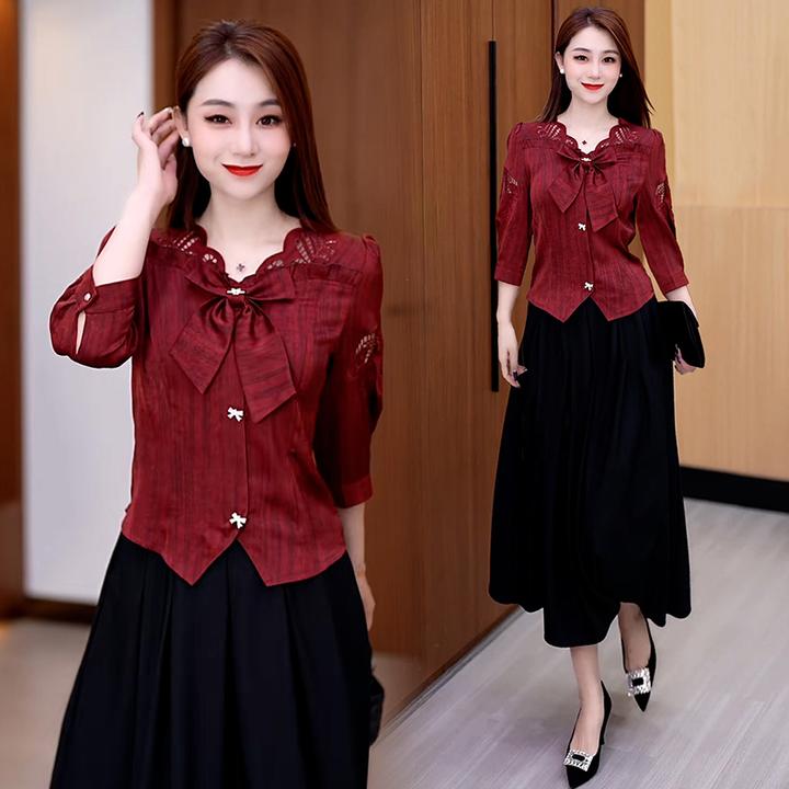 高级感时尚蝴蝶结衬衫女2025年夏季新款洋气减龄显瘦七分袖上衣潮