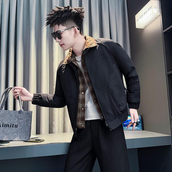 格子拼接假两件棉服男款冬季外套潮牌轻奢刺绣棉衣服痞帅保暖男装