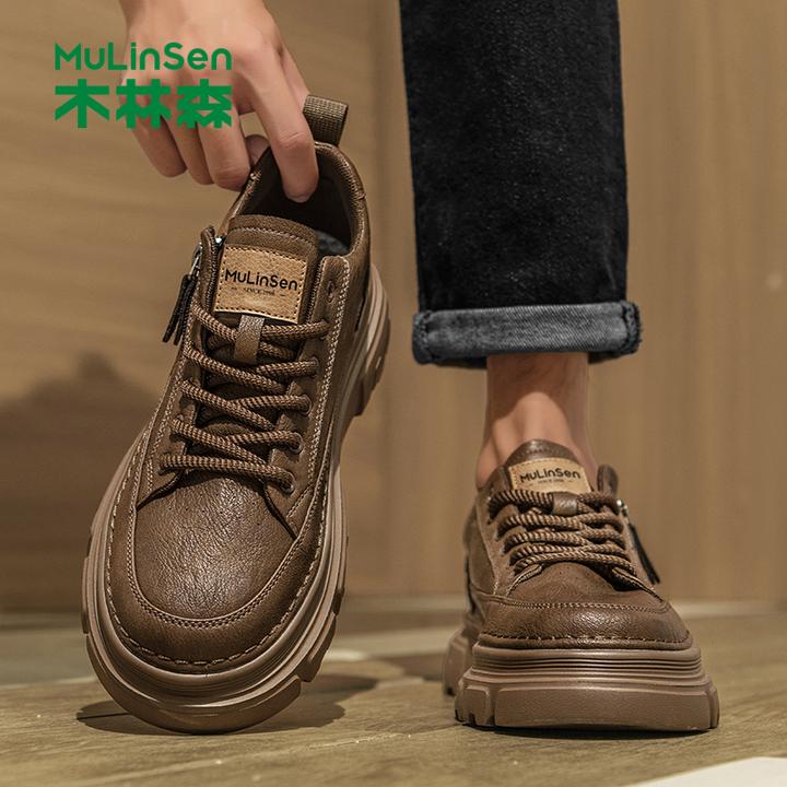 木林森男鞋休闲皮鞋工装黑色轻底厚底透气软底爸爸鞋软皮新款中年
