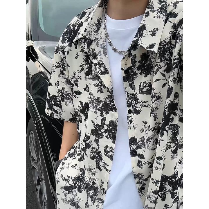 日系复古原宿碎花衬衫男女古着vintage中性度假风薄款宽松衬衣服