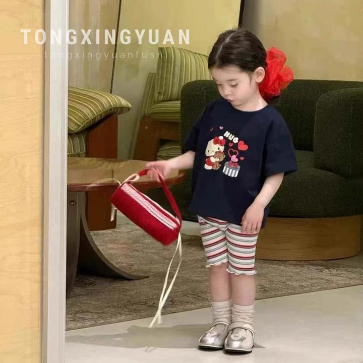 百搭运动新款女童夏季透气短袖上衣短裤KT猫短袖+条纹裤两件套装