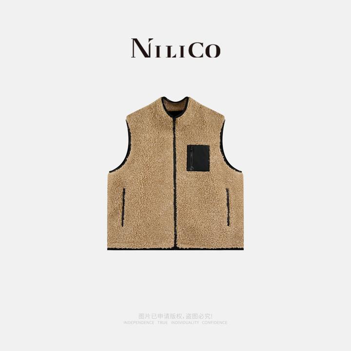 NILICO【日常拍档】百搭简约治愈软糯蓬松环保泰迪绒立领撞色马甲