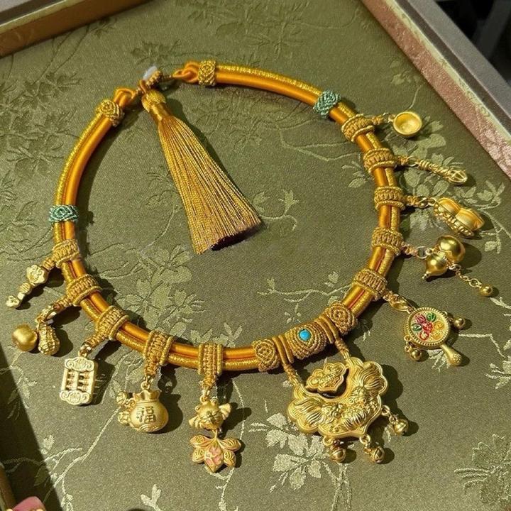 宝宝项圈编绳锦鲤双耳双圈项链小红书长命锁周岁满月婴儿金锁挂绳