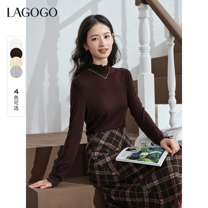 lagogo拉谷谷2025年新款含羊毛简约高领打底T恤女OCTT537WK4