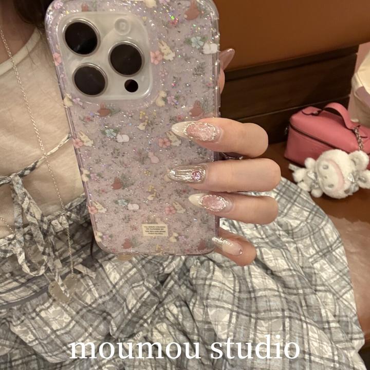 满屏闪粉碎花卡通兔子适用iphone16promax手机壳苹果15新款1413套