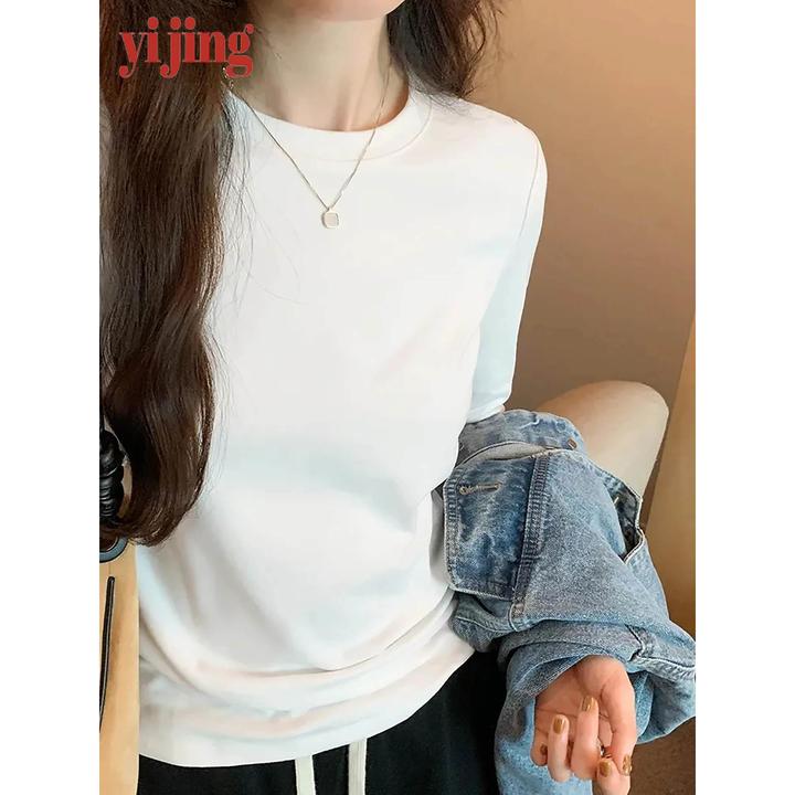 加绒加厚圆领保暖打底衫女春秋冬季宽松内搭上衣白色大码长袖T恤