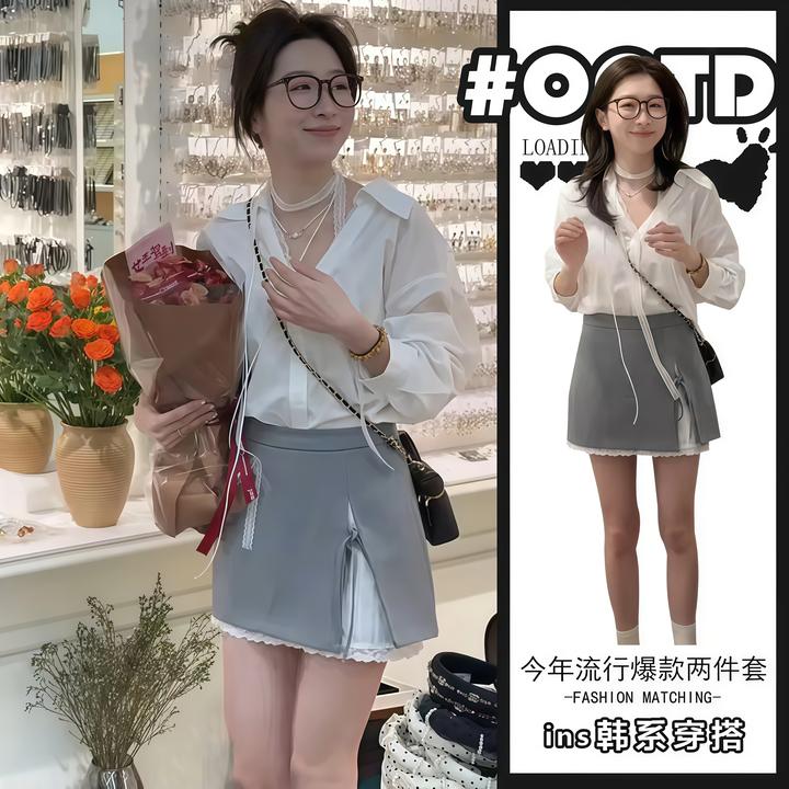 纯棉温柔知性衣服两件套女夏季新款气质蕾丝拼接衬衫短裙ins套装