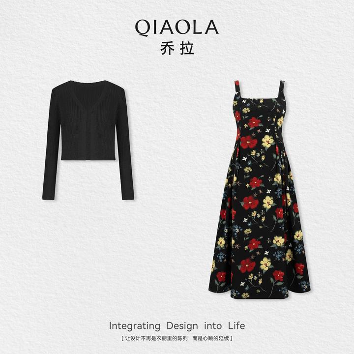 QIAOLA/乔拉【花园邀约】秋季梭织印花四面弹力连衣裙百搭开衫预售