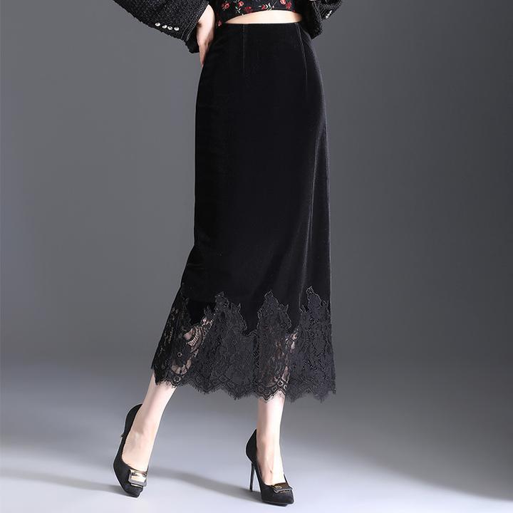 2025秋冬新款蕾丝边金丝绒半身裙女长裙开叉一步裙高腰直筒包臀裙