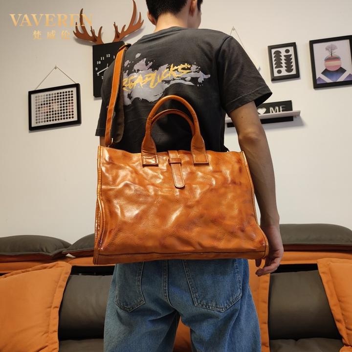 植鞣皮手提包男士商务真皮公文包覆古大容量单肩斜挎包牛皮电脑包