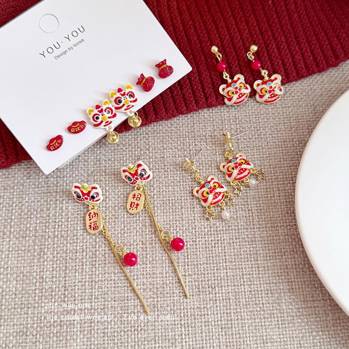 非金属仿珍珠耳饰 新中式国风红色醒狮耳环女轻奢耳饰新年款耳钉