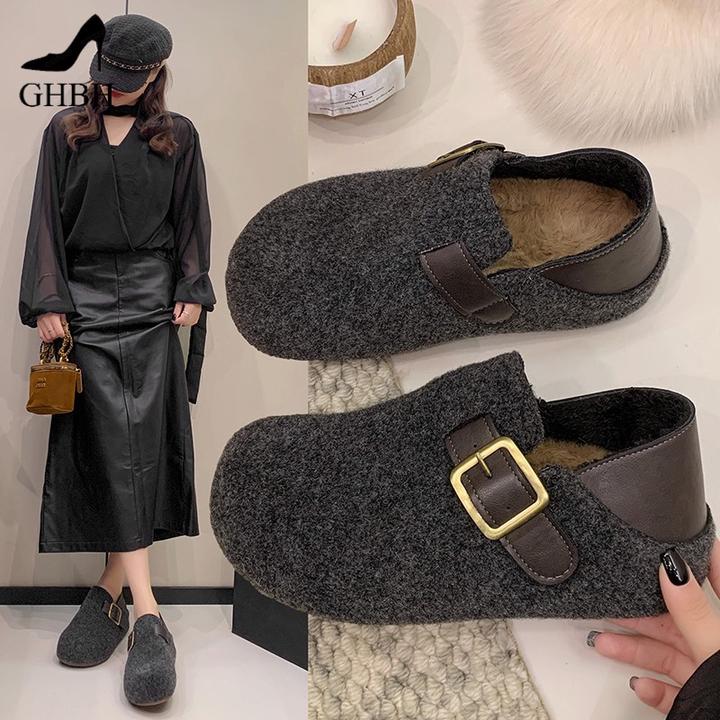 厚底复古内增高两穿勃肯鞋女新款秋冬毛呢懒人真兔毛加绒棉鞋