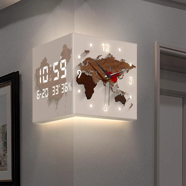 客厅双面转角时钟地图万年历挂钟画2025新款创意高级感挂墙壁灯表