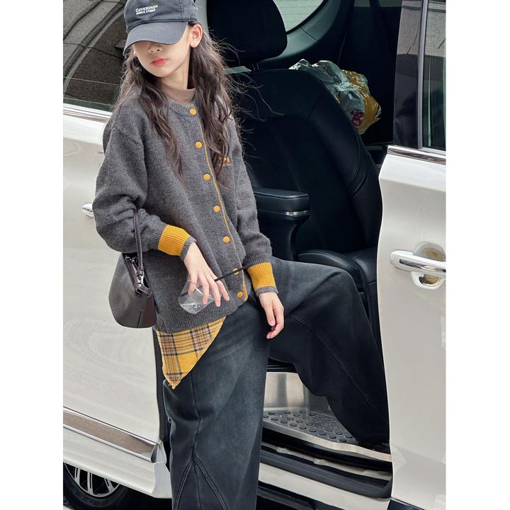 K29718孙小美撞色女童毛衣秋冬装儿童上衣2025新款秋装女大童开衫