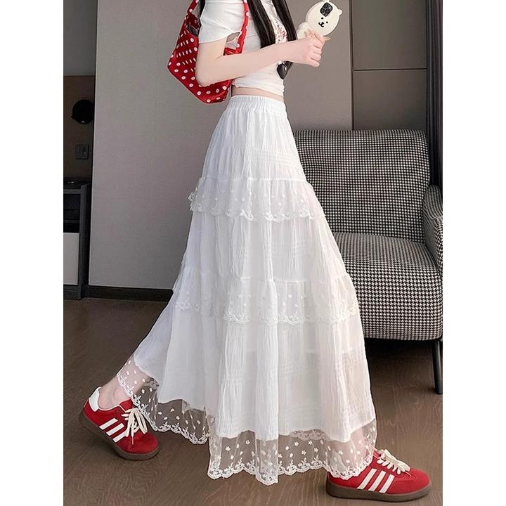 女款原版夏季甜美风格高腰显瘦蕾丝镶边A字大摆半身裙凸显甜美俏