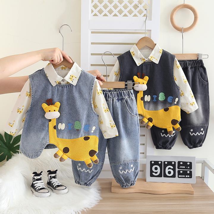 童装男童秋装套装婴儿童春秋季男宝宝秋装洋气卡通马甲衬衫三件套