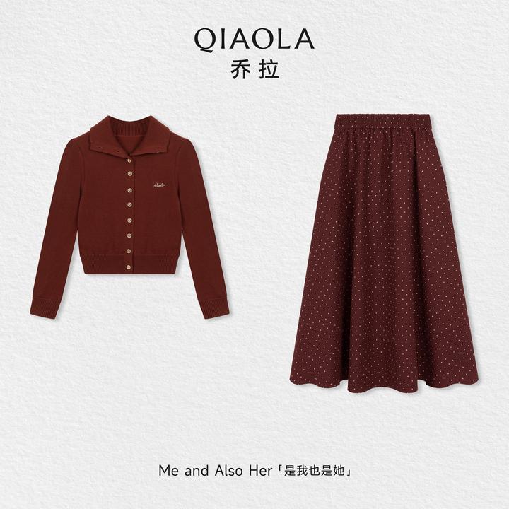 QIAOLA/乔拉【半岛红茶】秋冬羊毛复古正肩翻领上衣波点A字长裙套装