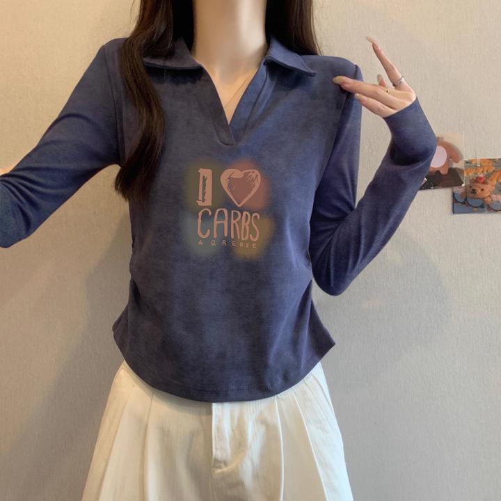 polo领纯棉扎染正肩长袖t恤女春秋季设计感小众收腰打底衫上衣潮