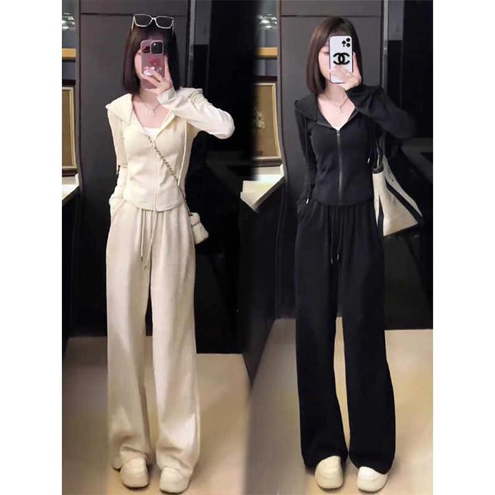 小个子休闲运动风套装早秋新款修身连帽拉链开衫阔腿裤两件套