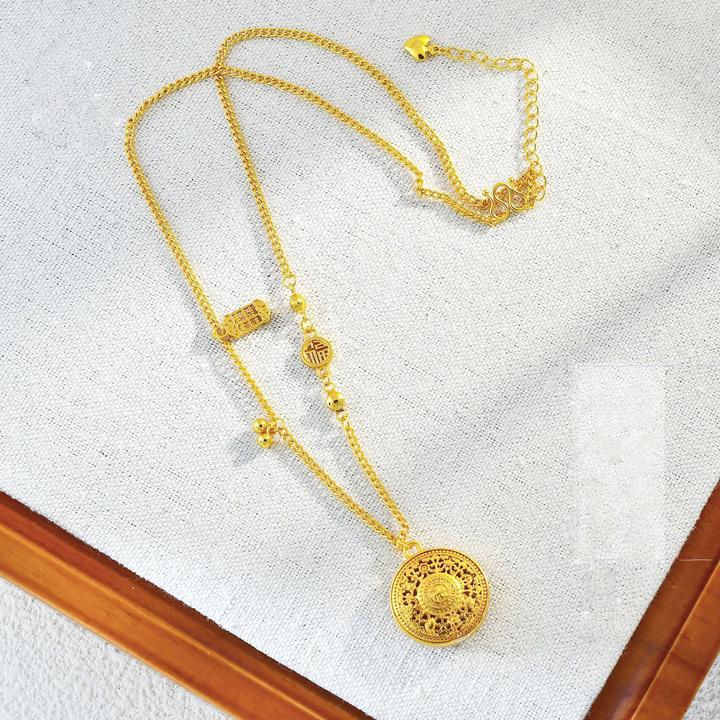 铜合金项链 新中式古法福字镂空花丝圆牌金色吊坠国风锁骨链