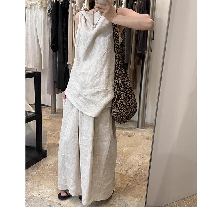 法式独特漂亮麻料无袖背心女夏2025今年流行穿搭亚麻休闲裤一整套