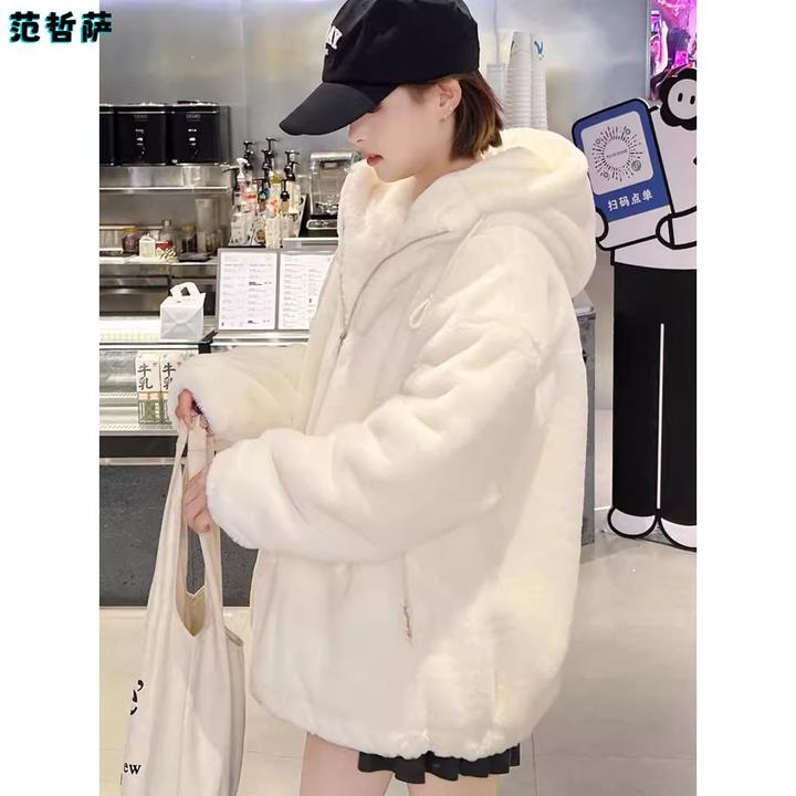 双面羊羔毛绒外套2025秋冬新款仿獭兔毛茸茸大衣短款加厚连帽棉服