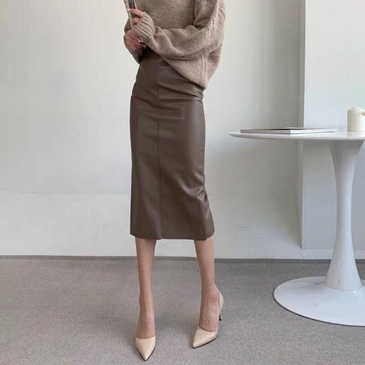 开 叉皮裙半身裙女PU裙2025新款春秋显瘦中长版直筒裙包臀一步裙