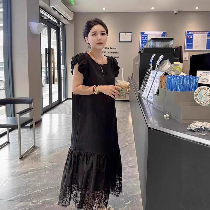 2025爆款设计感宽松洋气拼接蕾丝中长裙夏季小飞袖显瘦鱼尾连衣裙