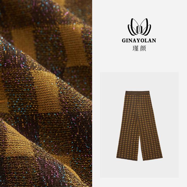 GINAYOLAN/瑾颜【设计师系列】意大利进口亮闪纱格纹夏季阔腿裤