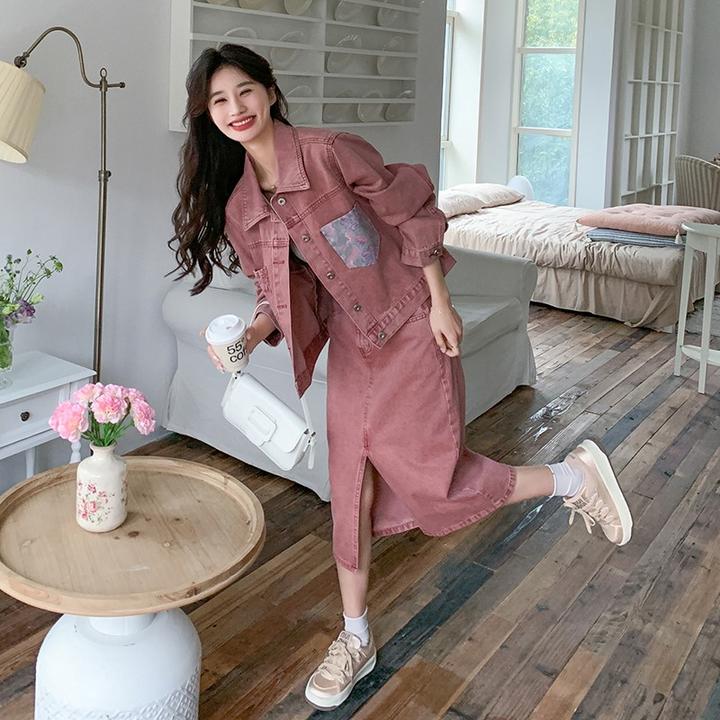 法芬图洋派覆古粉色牛仔套装裙女2025春秋设计感工装短外套半身裙
