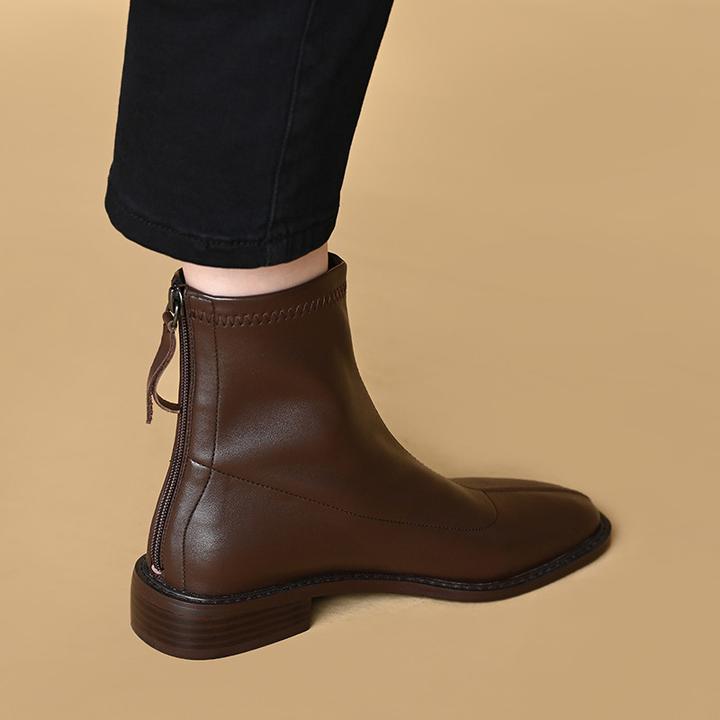 2024新款法式方头棕色粗跟弹力靴后拉链百搭韩版平底小短靴瘦瘦靴
