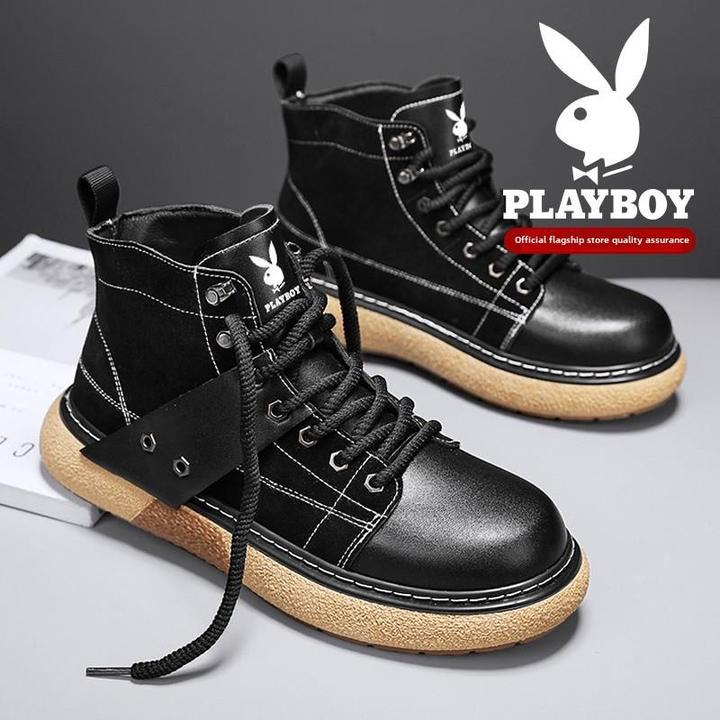 花花公子高帮男鞋秋冬休闲运动鞋时髦黑色防水防滑英式中帮马丁靴
