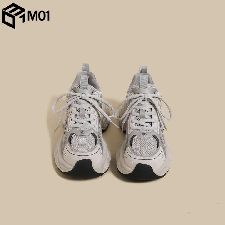 M01厚底老爹鞋女2025春秋新款重工拼接灰色加绒小个子增高运动鞋