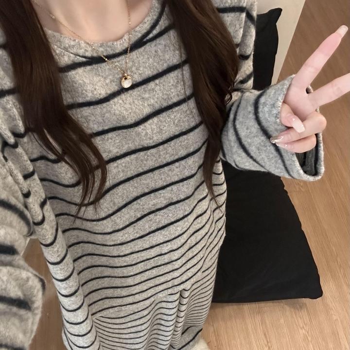 简约条纹舒适德绒睡衣女款2025秋冬季保暖宽松可外穿家居服套装